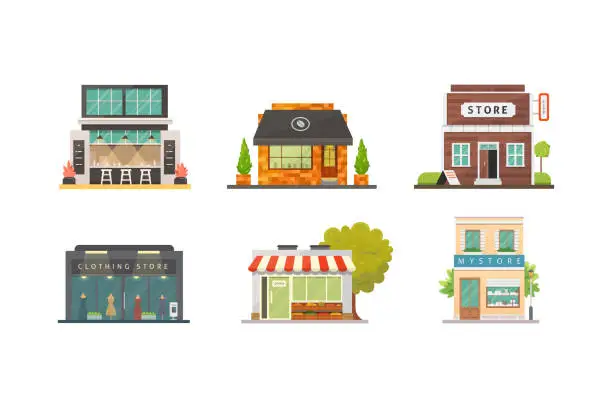 Vector illustration of Shop store buildings vector illustrations set. Market exterior, restaurant and cafe. Vegetable store, pharmacy, boutique, urban front houses.