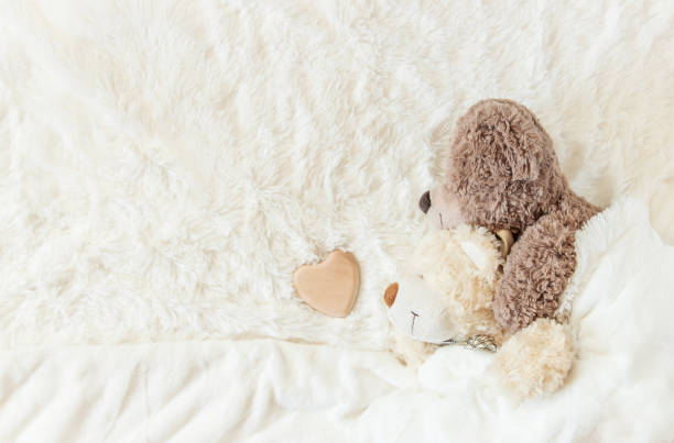 istock children's toy sleeps under the blanket. copy space. Selective focus. 1052039056