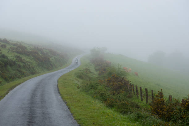 Person hiking down road in mist on Camino de Santiago A person wearing a poncho and hiking on the Camino de Santiago walks uphill shortly after passing Refuge Orisson, the last stop in France before crossing the border to Spain saint jean pied de port stock pictures, royalty-free photos & images