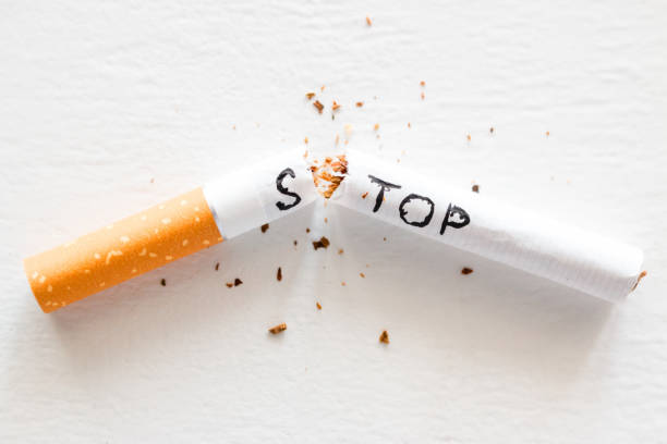 cigarrillo roto con la parada de la palabra. dejar de fumar concepto closeup - anti cancer fotografías e imágenes de stock