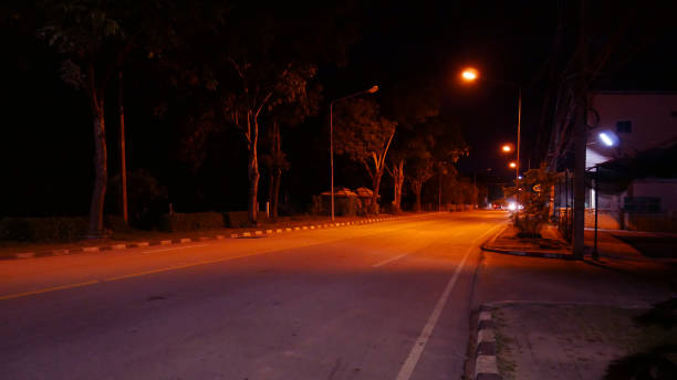 istock Local road with lamp posts at night. 1052056046