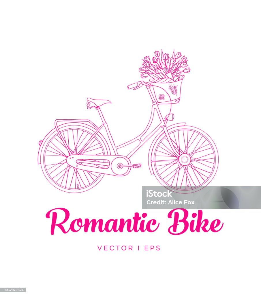 Lovely romantic bike with basket of tulips flowers. Outline hand drawn illustration. Art stock vector