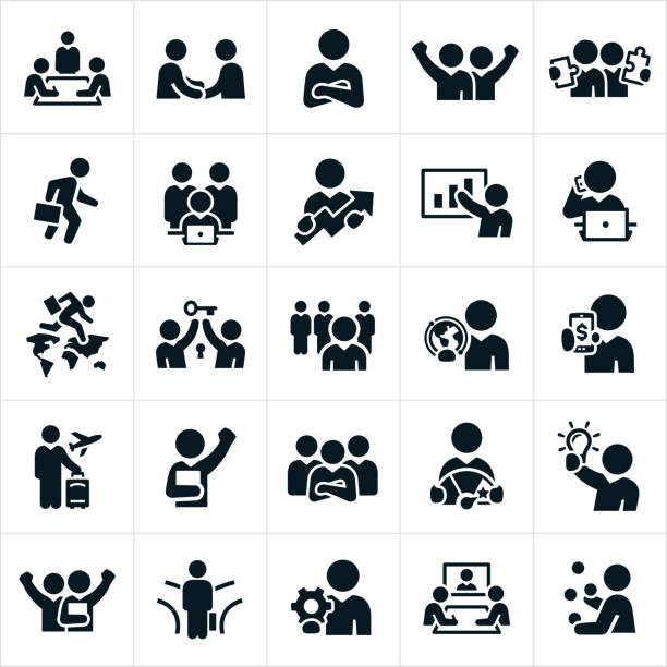 Business People Icons An icon set of business people working in business settings. They include businessmen, businesswomen, boardroom, handshake, arms folded, arms raised, puzzle pieces, briefcase, working at computer, graph, talking on the phone, key to success, leadership, partnership, teamwork, air travel, goals, creativity, fork in the road, cog, web conference and a business person juggling the demands of work. businessman symbols stock illustrations
