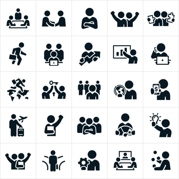 Business People Icons An icon set of business people working in business settings. They include businessmen, businesswomen, boardroom, handshake, arms folded, arms raised, puzzle pieces, briefcase, working at computer, graph, talking on the phone, key to success, leadership, partnership, teamwork, air travel, goals, creativity, fork in the road, cog, web conference and a business person juggling the demands of work. man cross arms stock illustrations