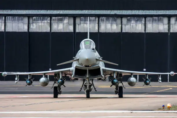 Head on shot of a Eurofighter Typhoon military jet fighter aircraft taxiing.