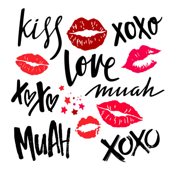 Handwritten Grunge Brush Lettering with Red Lips Handwritten Grunge Brush Lettering with Red Woman Lips. Vector Lipstick Kisses Isolated on White Background. XOXO, Love, Kiss and Muah Phrases on Valentines Day. lipstick kiss stock illustrations