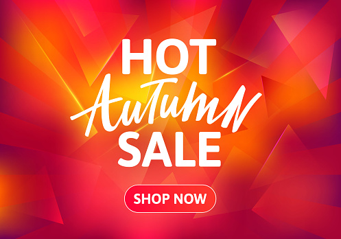 Hot Autumn Sale Brochure Design. Hand Drawn Text on Red Burning Background. Vector Poster for Special Offers.