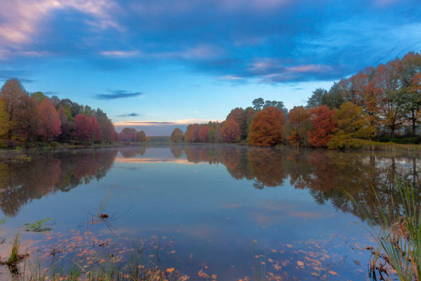 istock Autumn colored trees reflect on the water 1052101178
