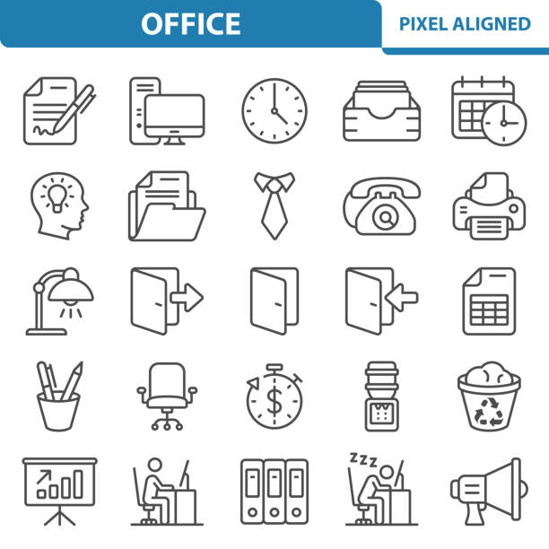 ilustraciones, imágenes clip art, dibujos animados e iconos de stock de iconos de oficina - symbol computer icon ring binder file