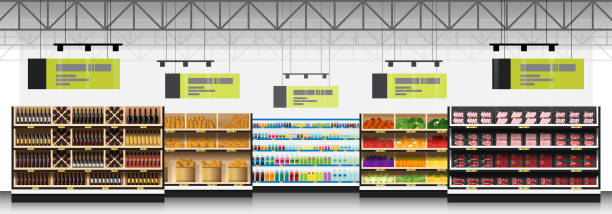 ilustrações de stock, clip art, desenhos animados e ícones de interior scene of modern supermarket with products background , vector , illustration - department store