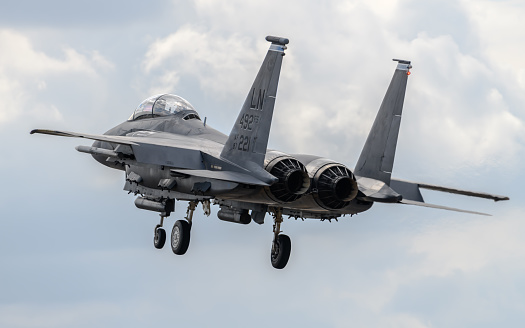 RAF Lakenheath, Suffolk, England - July 30, 2018: United States Air Force F-15E Strike Eagle jet aircraft on final approach