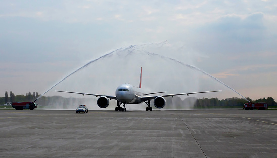 Meeting about arrival of the first flight with water salute in airport. Airport tradition