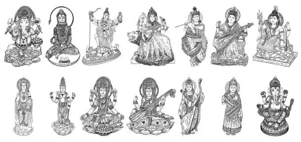 Vector illustration of Set of Gods for Indian festival, Goddess Durga, Lord Rama and Hanuman. Lord Ganpati or Ganesha, Shiva and Lakshmi his wife. Lord Vishnu,  Saraswati, Devi Parvati  and Lord Murugan, Kali. Vector.