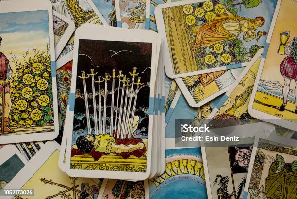 Seamless Pattern With Old Colorful Tarot Cards In Chaotic Occult Esoteric Divination And Wicca Concept Mystic And Astrology Background For Antique Decorations Scrapbooking Stock - Download Image Now - iStock