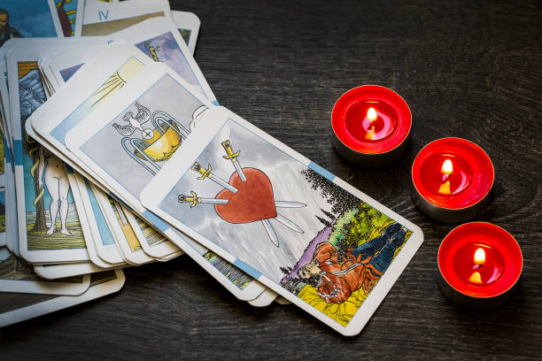 istock Seamless pattern with old colorful Tarot cards in chaotic layout. Occult, esoteric, divination and wicca concept. Mystic and vintage astrology background for antique decorations, scrapbooking 1052173028