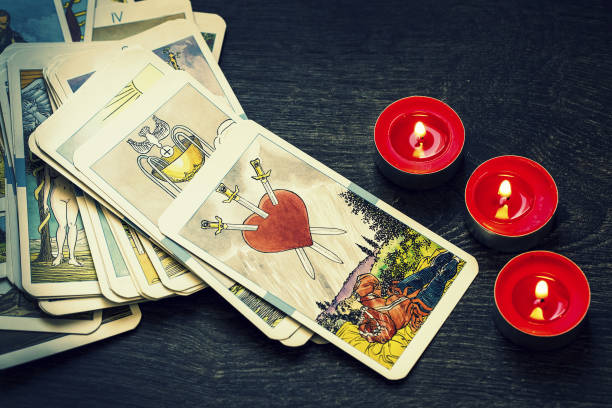 istock Seamless pattern with old colorful Tarot cards in chaotic layout. Occult, esoteric, divination and wicca concept. Mystic and vintage astrology background for antique decorations, scrapbooking 1052173102