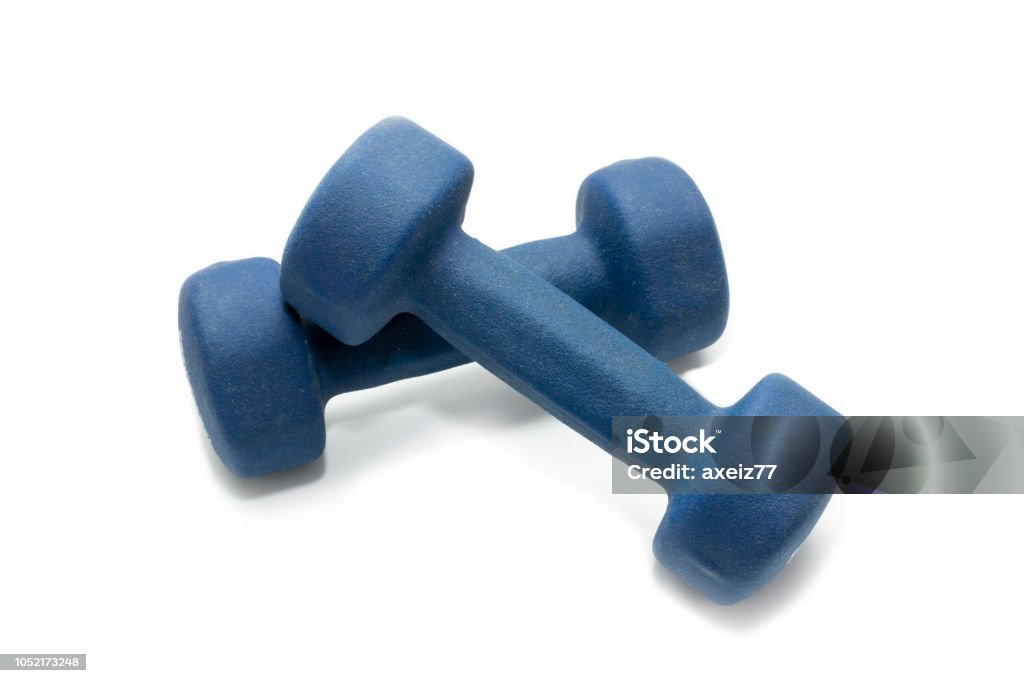 azul pesas para deportes sobre un fondo blanco - Foto de stock de Pesas libre de derechos