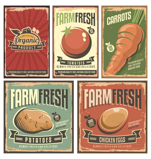 Farm fresh organic products retro tin signs collection Farm fresh organic products retro tin signs collection. Delicious vegetables vintage poster set. fruit backgrounds stock illustrations