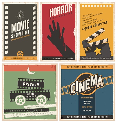 Retro cinema posters and flyers collection. Vintage movie signs layouts. Promotional film printing templates for ads or banners on old paper texture.