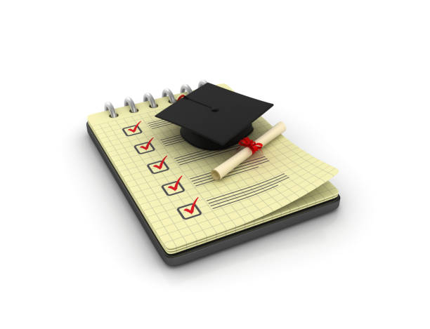 istock Spiral Note Pad with Check List and Graduation Cap - 3D Rendering 1052188284
