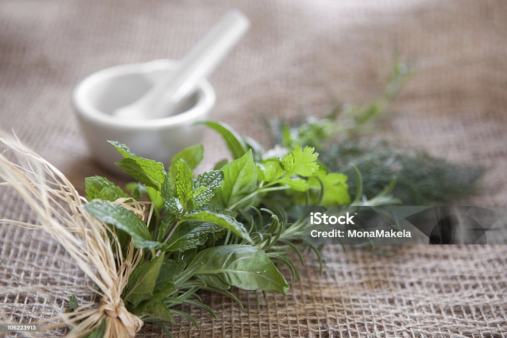 Group of fresh herbs and mortar and pestle Fresh herbs tied to a bundle on burlap with a mortar & pestle in the background. Very shallow DOF, front spearmint leaves are the focus point. Basil Stock Photo