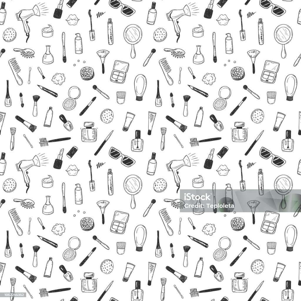 Seamless pattern with hand drawn beauty, make up, cosmetic doodles, isolated vector background Make-Up stock vector