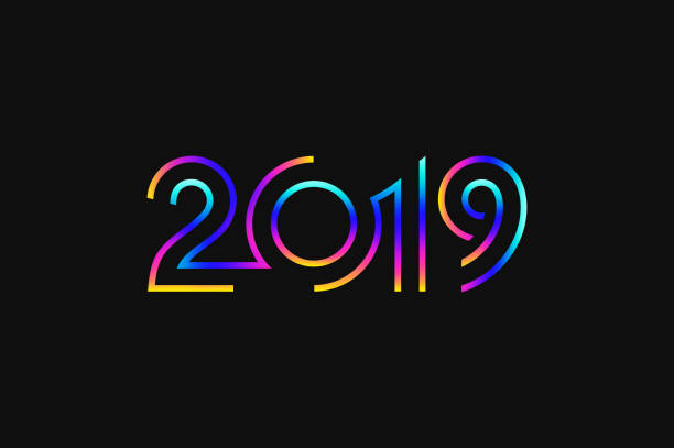 glückliches neues jahr 2019. abstrakte grußkarte. fluoreszierende farbe - 2019 stock-grafiken, -clipart, -cartoons und -symbole