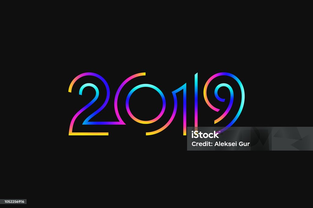 Feliz año nuevo 2019. Tarjeta de felicitación del Resumen. Color fluorescente - arte vectorial de 2019 libre de derechos