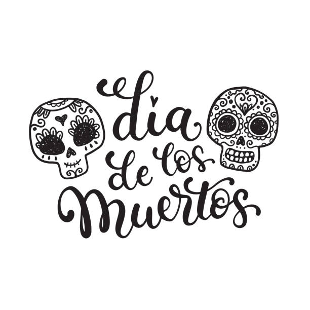 디 아 드 로스 안 돼-사자의 일. 멕시코에서 국가 휴일. 2 개의 재미 있는 낙서 화려한 두개골 붓글씨 벡터 구문 - day of the dead skull tattoo mexico stock illustrations