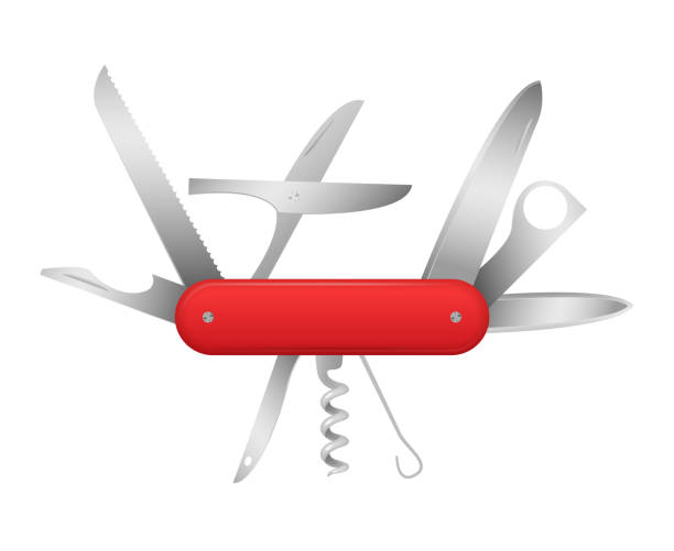 Realistic Detailed 3d Swiss Universal Knife. Vector Realistic Detailed 3d Swiss Universal Knife Include of Blade, Metal Scissor, Corkscrew and Screwdriver. Vector illustration of Penknife penknife stock illustrations