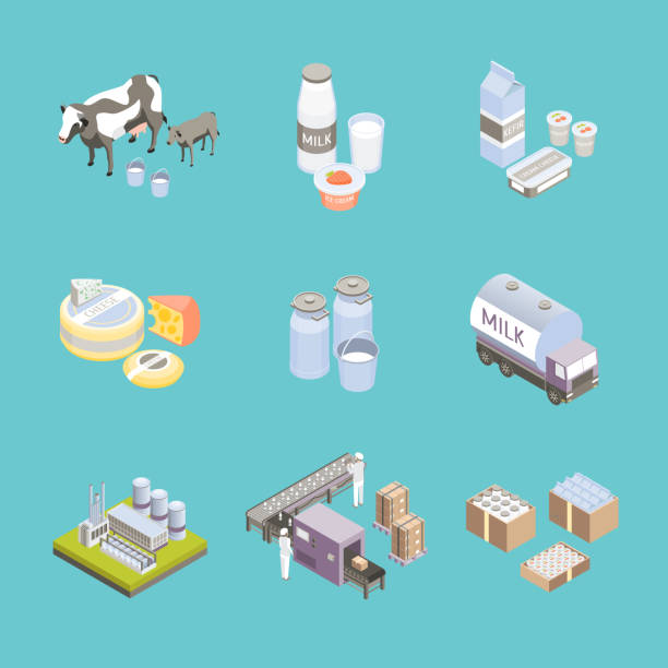 molkerei zeichen symbol set isometrische 3d-ansicht. vektor - milk industry milk bottle factory stock-grafiken, -clipart, -cartoons und -symbole