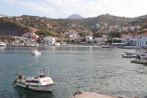 Evdilos town, Ikaria island Harbor, Greek Islands, Ikaria Island, Aegean Sea ikaria island stock pictures, royalty-free photos & images