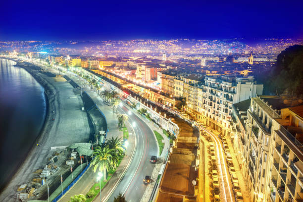 promenade des anglais in nice at night. cote d'azur, french riviera, france - city of nice france french riviera promenade des anglais imagens e fotografias de stock