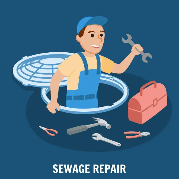 Vector illustration of Sewage Repair. Plumbing Service. Vector.