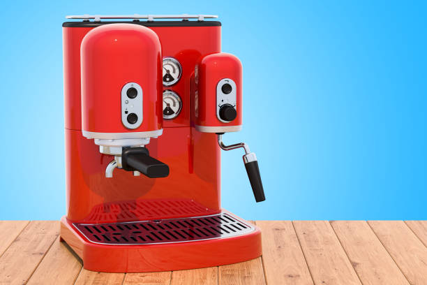 istock Red coffeemaker or coffee machine retro design on the wooden table. 3D rendering 1052303796