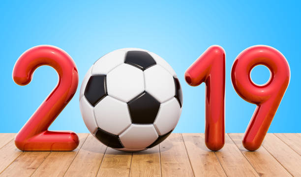 istock Soccer 2019 concept on the wooden table. 3D rendering 1052303814