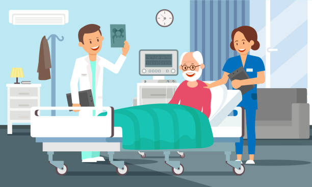 Old Man in Hospital Room. Vector Flat Illustration Old Man in Hospital Room Concept. Senior Male Patient resting in Hospital Bed. Doctor and Nurse visiting a Older Person. Medical Health care. Hospital Ward Set. Vector Flat Illustration hospital ward stock illustrations