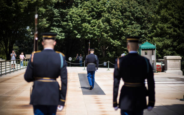 Changing of the Honor Guard  at Tomb of the Unknown Soldier in Arlington National Cemetery stock photo