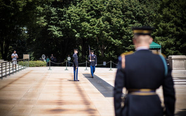 Changing of the Honor Guard  at Tomb of the Unknown Soldier in Arlington National Cemetery stock photo