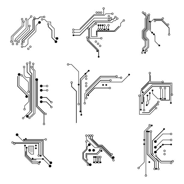 ilustrações, clipart, desenhos animados e ícones de placa de circuito elementos conjunto de ícones de linha branca fina. vector - circuit board abstract boarding technology