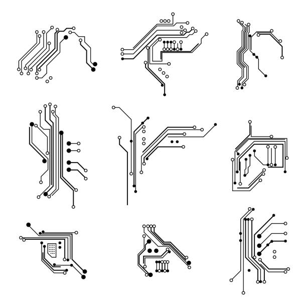 элементы печати элементы белая тонкая линия значок набор. вектор - circuit board abstract boarding technology stock illustrations