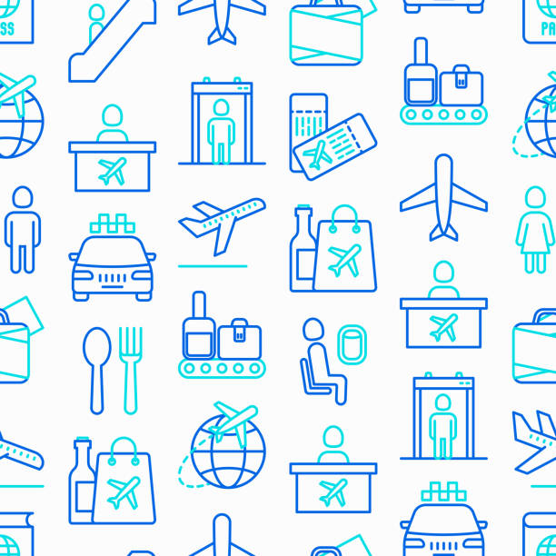 Airport seamless pattern with thin line icons: check-in counter, gates, boarding pass, escalator, toilet, food court, baggage claim, wrapping service, duty free, departures. Vector illustration. Airport seamless pattern with thin line icons: check-in counter, gates, boarding pass, escalator, toilet, food court, baggage claim, wrapping service, duty free, departures. Vector illustration. airport patterns stock illustrations