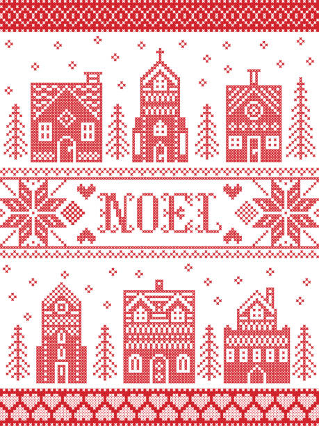 illustrazioni stock, clip art, cartoni animati e icone di tendenza di modello di villaggio di natale vettoriale noel ispirato alla cultura nordica inverno festivo in punto croce con cuori, renne, ornamenti decorativi, fiocco di neve, chiesa, cappella, casa in rosso, punto croce bianca - snow chapel christmas germany