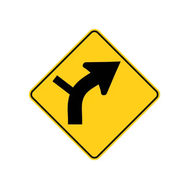 Vector illustration of USA traffic road signs. right curve ahead,side road connection from the left. vector illustration