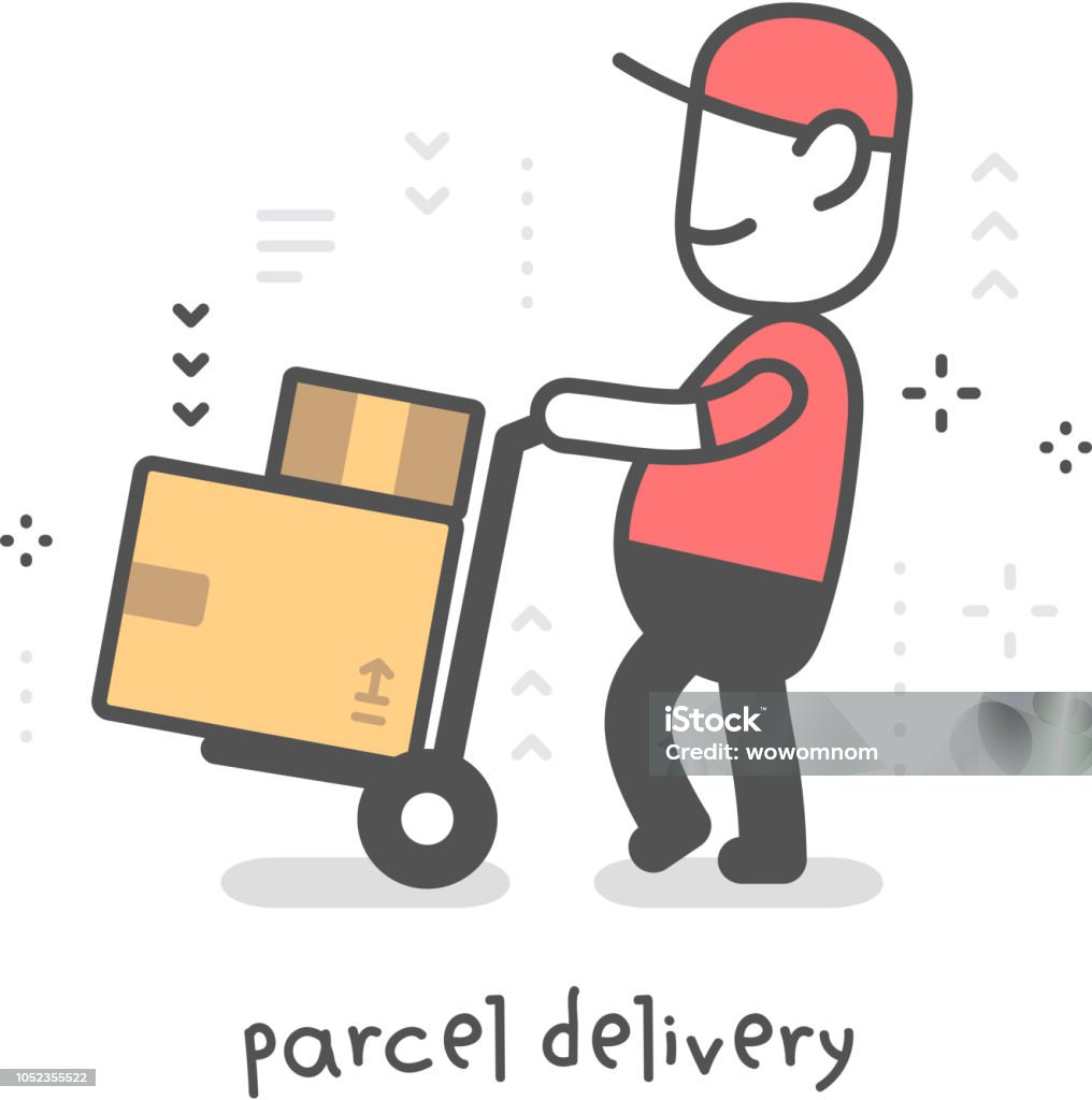 Vector creative illustration of delivery happy man in red uniform with cap pulling boxes on hand truck. Fast delivery of parcel service. Vector creative illustration of delivery happy man in red uniform with cap pulling boxes on hand truck. Fast delivery of parcel service. Flat line art style design for web, banner Adult stock vector