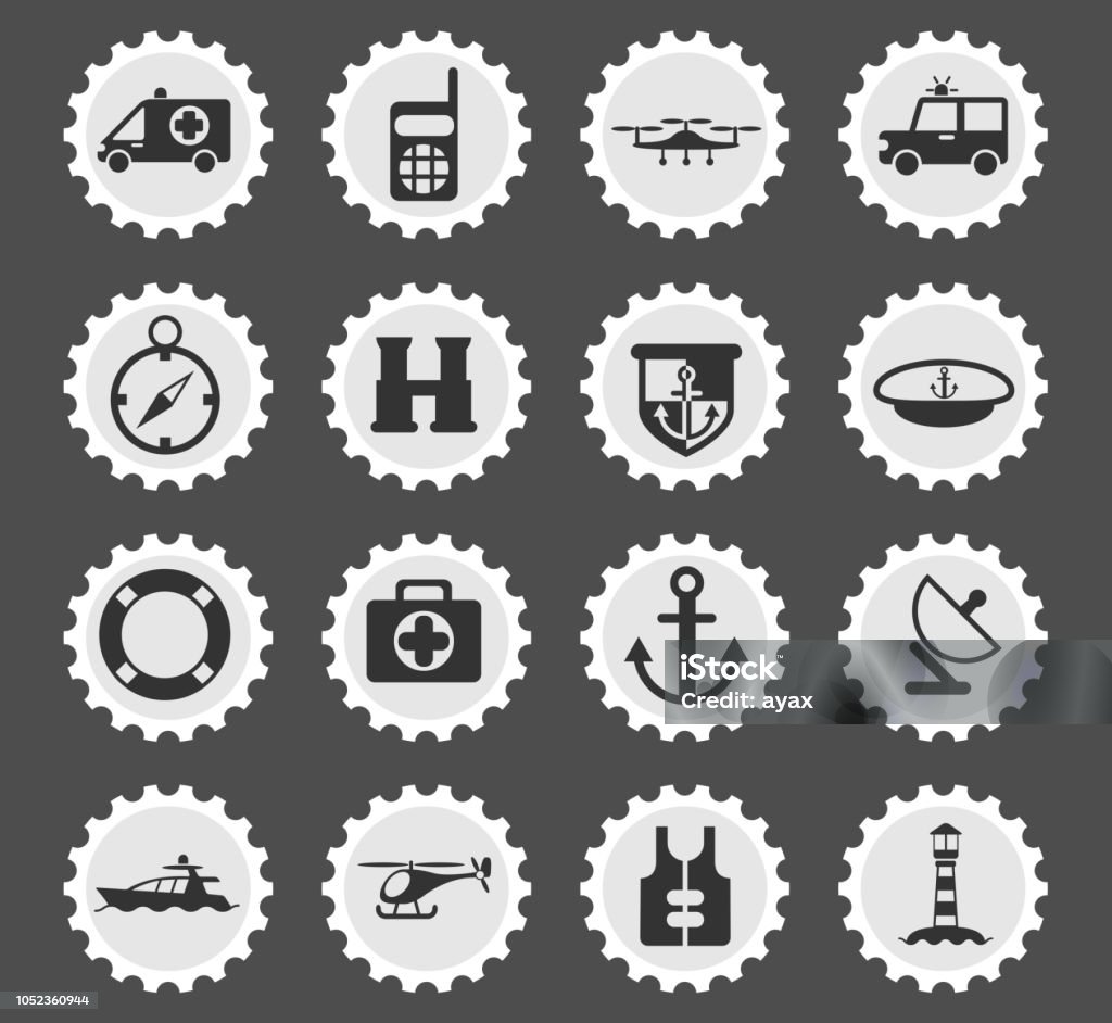 coastguard icon set coastguard web icons stylized postage stamp for user interface design 4x4 stock vector