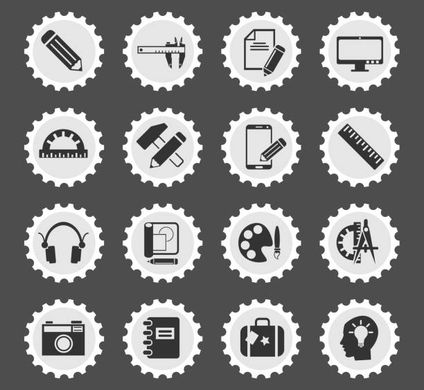 creative process icon set creative process web icons stylized postage stamp for user interface design vernier calliper stock illustrations