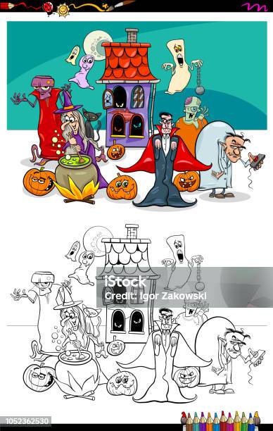 Halloween Illustration With Cartoon Characters Coloring Book Stock Illustration - Download Image Now