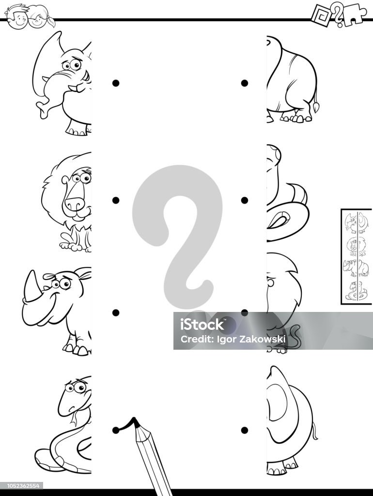 match halves of cute animals game color book Black and White Cartoon Illustration of Educational Game of Matching Halves of Pictures with Cute Animals Color Book Accuracy stock vector