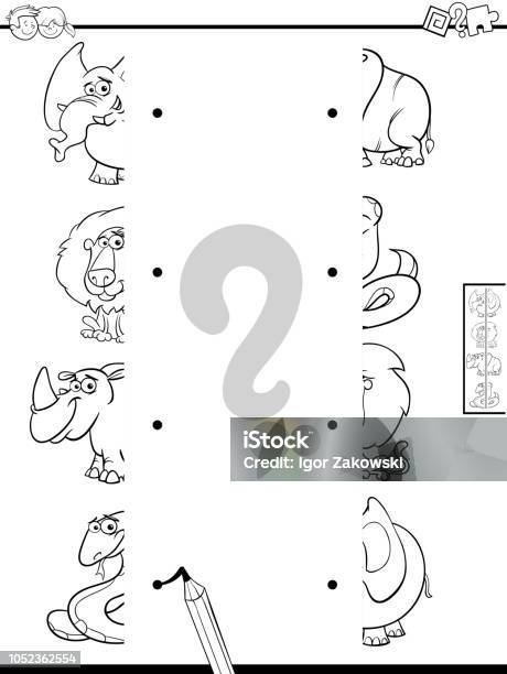 Match Halves Of Cute Animals Game Color Book Stock Illustration - Download Image Now - Accuracy, Activity, Animal